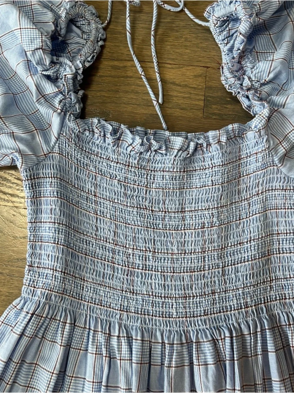 Hill House Nesli Nap Dress Puff Sleeve Square Neck Tiered Plaid Small Coquette - Picture 4 of 8